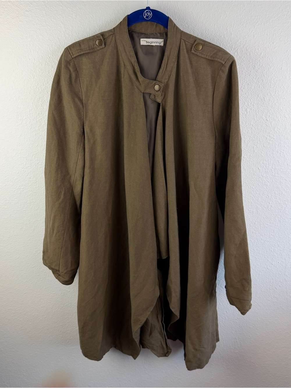 In The Beginning Brown Long Line Linen Lagenlook Open Front Jacket Size M